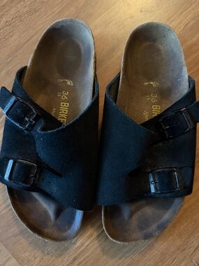 Birkenstock  Black Suede Zurich Two-Buckle Slide Sandals
